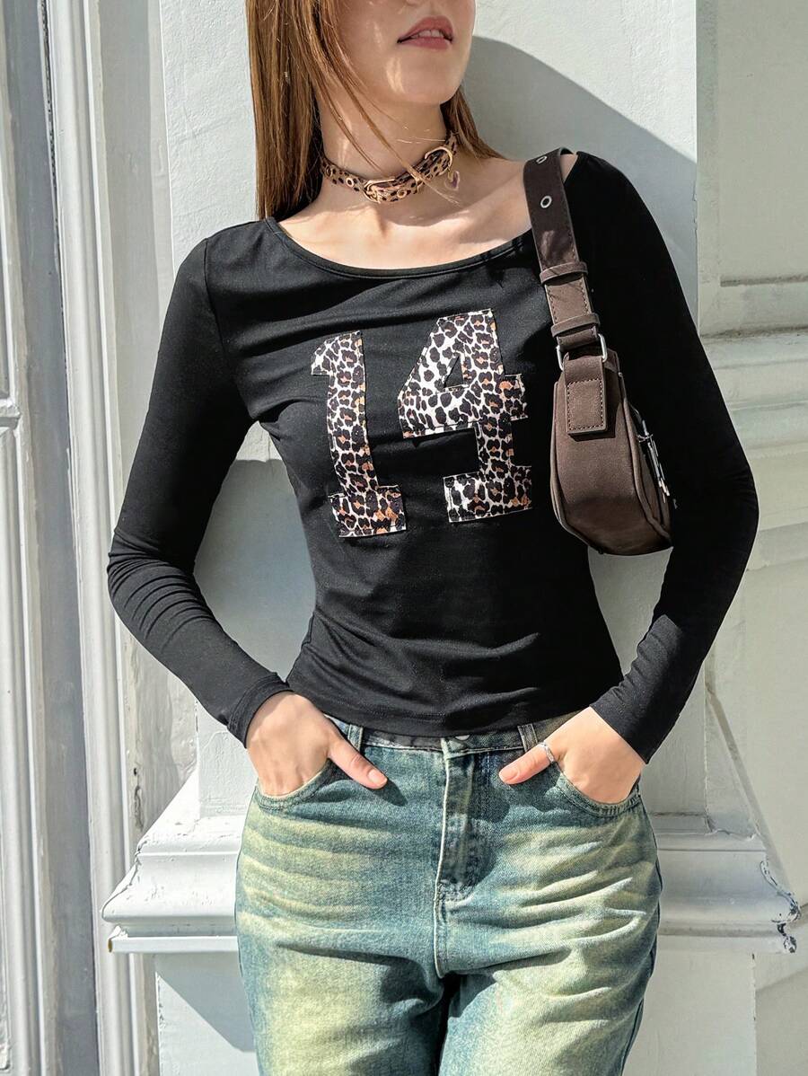 Jouncy 女士秋季字母豹纹不对称领长袖休闲上衣 - 黑色 - 查看 1