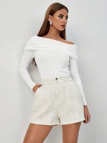 Chiquease Women's Double-Breasted Textured With Metallic Flecks Boucle Shorts - White - View 3
