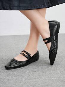 CUCCOO BIZCHIC 女士黑色方头褶皱平底乐福鞋 - 黑色 - 查看 4