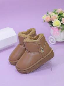 厚底保暖童靴，毛绒内衬女童雪地靴和男童靴，可爱短款踝靴，秋冬季新款设计，适合幼儿/小童/大童 - 棕色 - 查看 2