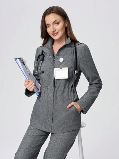 TaskEZ 女式灰色弹性腰带连帽手术服制服夹克，秋冬款