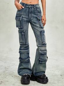 ROMWE Grunge Punk Distressed Flare Leg Women's Jeans, Street Punk Apocalyptic Style