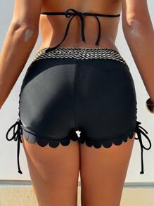 女士针织亮片荷叶边抽绳腰沙滩短裤，夏季