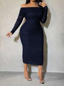 SHEIN SXY Plus Size Women's Solid Color Ruffle Off Shoulder Long Sleeve Fitted Elegant Dress - Navy Blue - View 6