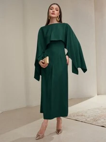 Modelyn 女士纯色圆领拼布阿巴雅长裙，优雅阿拉伯设计长款晚礼服，端庄