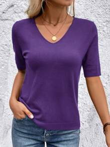 SHEIN Clasi ملابس علوية كاجوال مصنوعة من الأكريليك والنايلون غير مطبوعة, ذات رقبة على شكل حرف V وأكمام قصيرة، مناسبة للخريف والشتاء