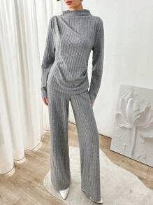 EURMUSE Urban Chic Soft Touch Knitting Draped Top & Wide Leg Loose Pants Two-Pieces Matching Set - Grey - View 4