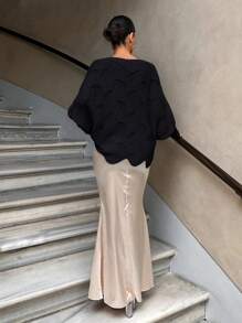 EURMUSE Jersey de punto calado con mangas dolman y encaje de pestañas en contraste - Negro - Ver 2