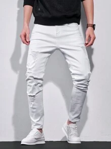 Manfinity Homme Men's Pocket Distressed Casual Skinny Denim Jeans - White - View 1