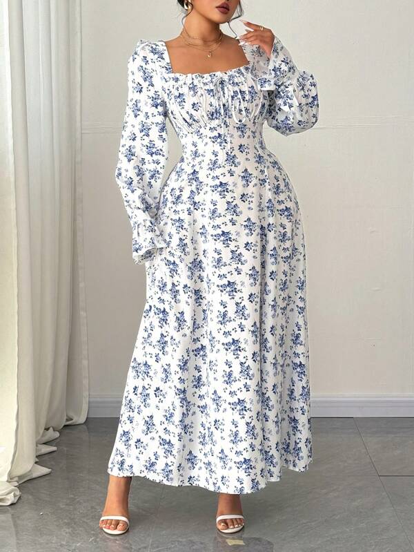 Elenzga Plus Size Ditsy Floral Casual Dress, Minimalist & Stylish For Everyday Wear