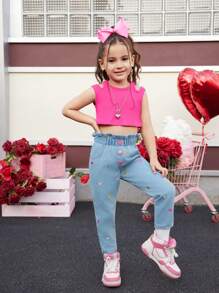 1 Set Young Girl Solid Color Round Neck Top And Front Button Long Pants - Multicolor - View 1