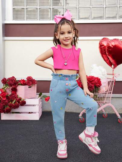 1 set de niña con top de cuello redondo de unicolor y pantalones largos con botones frontales