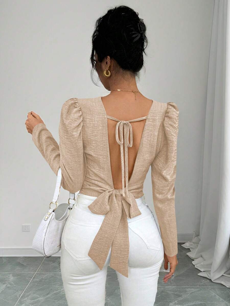 Selianne Damen elegantes einfarbiges Hemd mit Schleifenrücken und Ballonärmeln, Herbst/Winter