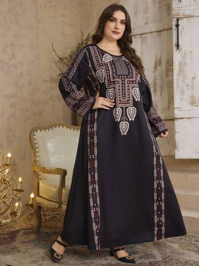 Al Najma Plus Size Women Long Sleeve Traditional Printed Arabic Long Tunic Jalabiya Dress, Modest