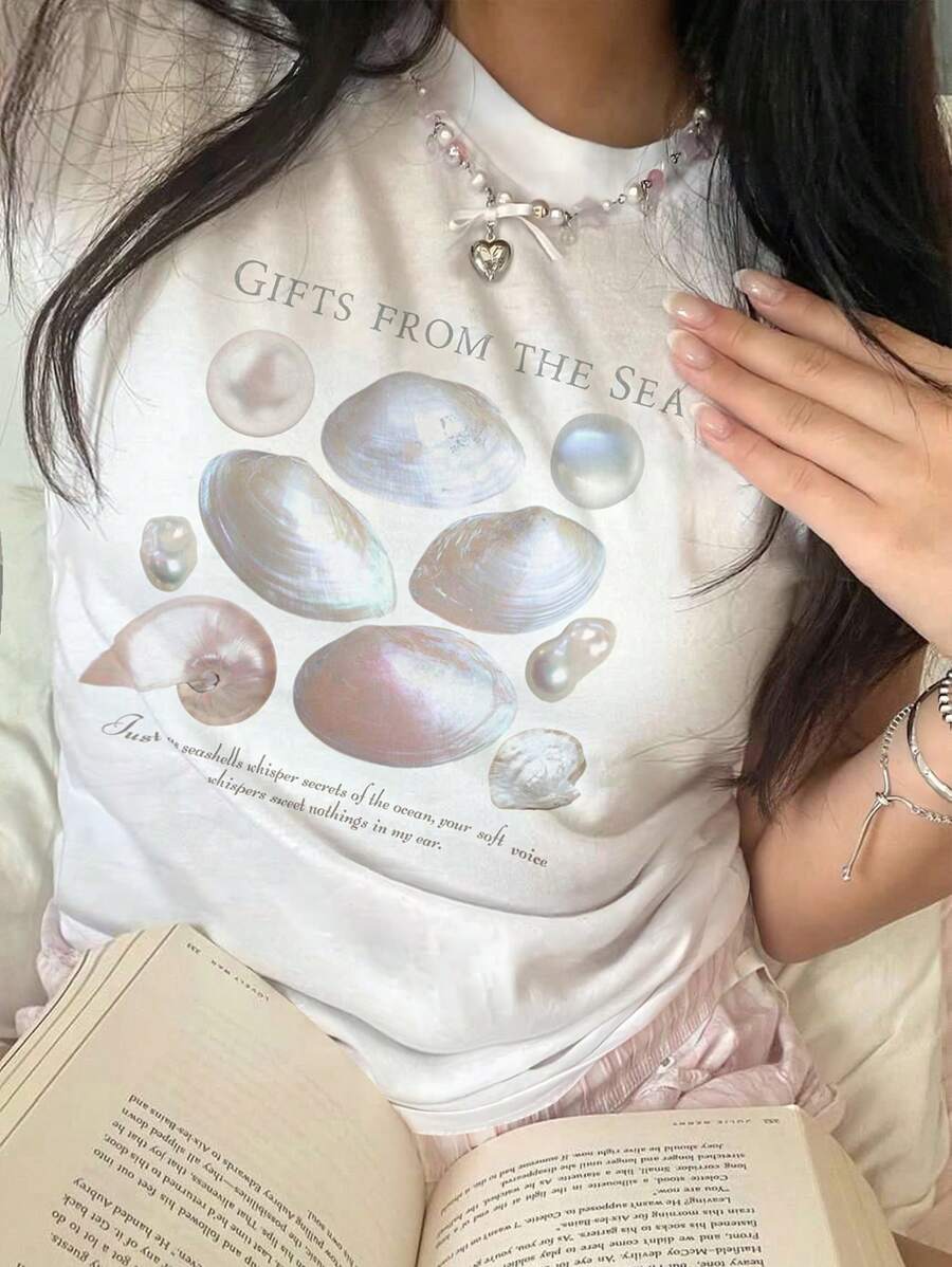 INAWLY 夏季短袖 T 恤，带贝壳和字母印花图案 T 恤，女式上衣 - 白色 - 查看 1