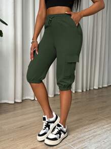 Zolique Women's Drawstring Waist Five-Cropped Cargo Pants - Green - View 4