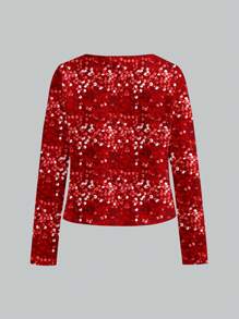 ORANGE STUDIO 艺术家商务休闲简约红色闪亮亮片印花派对夹克，女士外出上衣，适合秋冬季、假日、除夕、节日 - 紅色 - 查看 2