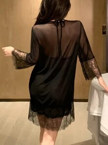 DAZY Semi-Sheer Lace Patchwork Halter Nightgown With Robe Set, Sexy Lingerie Set - Black - View 2