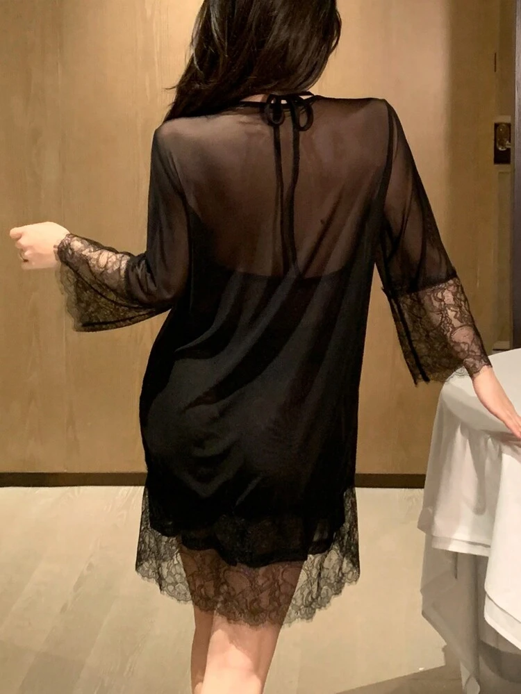 Semi-Sheer Lace Patchwork Halter Nightgown With Robe Set, Sexy Lingerie Set