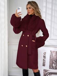 Lavishia 女式纯色前扣口袋毛茸茸装饰简约长袖秋冬大衣 - 酒紅色 - 查看 1