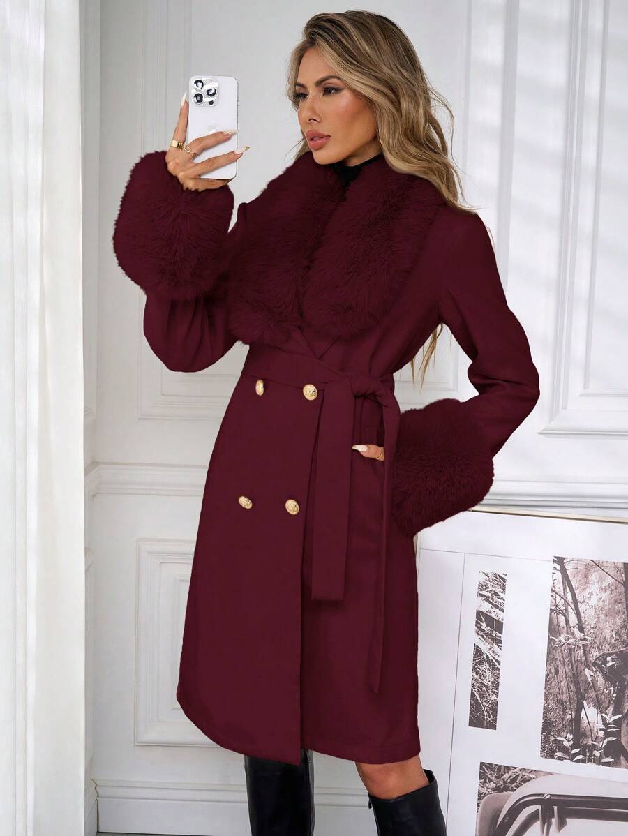Lavishia 女式纯色前扣口袋毛茸茸装饰简约长袖秋冬大衣 - 酒紅色 - 查看 1