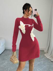 Elenzga Vestido de punto con cuello alto, manga larga y decoración floral, elegante para mujer, para otoño/invierno