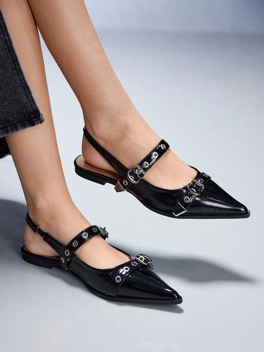 CUCCOO GRLICON 女士时尚黑色金属扣踝带尖头平底鞋，适合通勤、约会、聚会、度假、购物