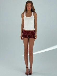 Aloruh Women Sequin Decor Minimalist Shorts, Casual Everyday Wear
