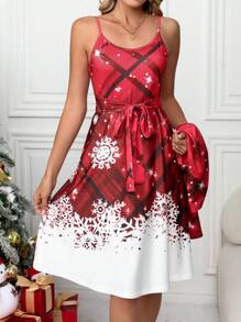 SHEIN LUNE 2pcs Christmas Set: Random Plaid & Snowflake Print Long Sleeve Cardigan Jacket And Spaghetti Strap Dress For Women Fall Cloth For Women - Red - View 3