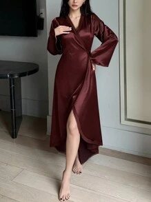DAZY Satin Patchwork Semi-Sheer Lace Alluring Open Back Cinched Waist Robe Pajama - Burgundy - View 5