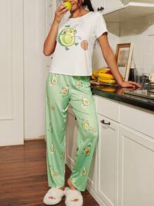 Cartoon Graphic Tee & Pants PJ Set / Pajama Set - Multicolor - View 1