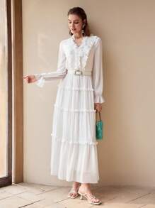 MOTF PREMIUM VESTIDO LARGO CON VOLANTES Y ENCAJE DE CONTRASTE