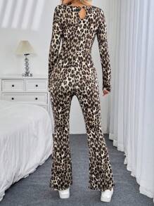 SHEIN LUNE Square Neck Fitted Jumpsuit Flare Pants Vintage Leopard Print Casual Commuting Elegant Streetwear Comfortable Home Wear Warm Autumn/Winter One-Piece Pants For Women Cheetah Print Jumpsuits For Woman
