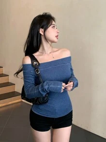 DAZY Women's Off-Shoulder Long Sleeve Simple Denim Casual Blouse, Daily Wear,Fall Clothes