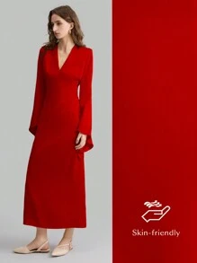 Ontre Women V-Neck Long Sleeve Irregularly Flared Sleeve Dress, Holiday Party Formal Outfit, Long Dress, Cardinal Red, Autumn/Spring - Red - View 2