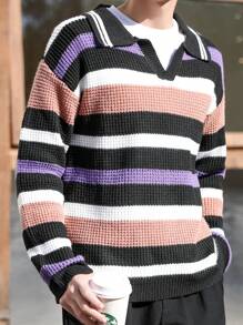 Claim Dot Men's Casual Striped Collared Long Sleeve Sweater