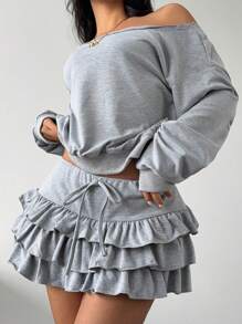 SHEIN EZwear 2 件套女士纯色斜肩长袖上衣和迷你裙 - 灰色 - 查看 3