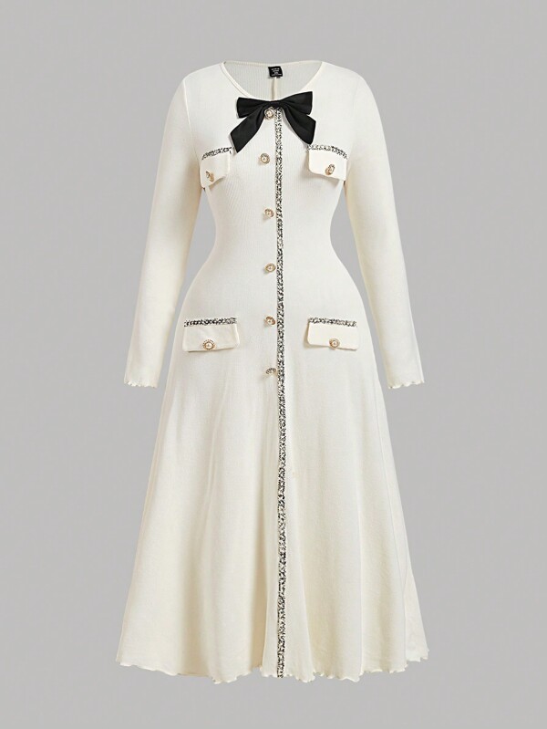 SHEIN MOD Plus Size Women's Elegant Ribbon Patchwork Bow Decor Long Sleeve Long Dress,Winter Dress,, Women Dress,Elegant Women Dresses,Beige Women Dresses,New Year,Valentine,Graduation Dress