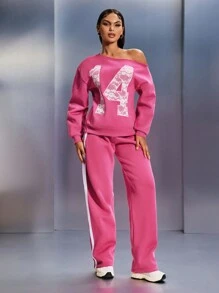 SHEIN SXY Women Casual Colorblock Lace Number Print Asymmetrical Hooded Top And Pants Set, Autumn - Hot Pink - View 5