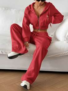 SHEIN EZwear 2 件套女士休闲纯色落肩宽松拉链连帽短款运动衫和宽松阔腿运动裤