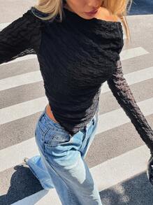 SHEIN Essnce Off-Shoulder Black Textured See-Through Long-Sleeved Asymmetric Hem Slit High Elastic Casual Elegant Top T-Shirt Women's Solid Color Asymmetric Neck Long Sleeve Ruffle Fitted Fashion T-Shirt