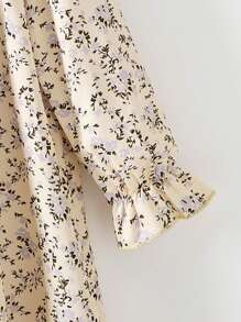 SHEIN Vintaside Kids 女童碎花荷葉領長袖A字洋裝，適合日常穿著，秋季仙女風 - 杏色 - 查看 5
