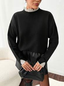 SHEIN Cottnline Plain Ruffled Hem Knit Pullover Sweater, Casual & Fashionable Everyday Wear - Black - View 4