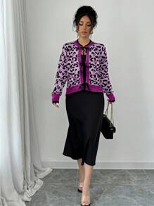 SHEIN Unity Cárdigan con estampado de leopardo y lazo frontal para mujer - Morado - Ver 3