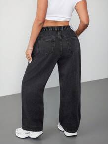 SHEIN EZwear Plus High Waist Straight Leg Jeans - Black - View 2