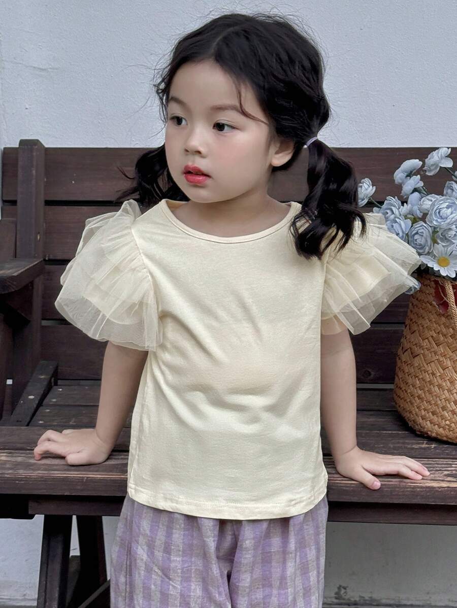 DAZY Young Girl Simple Solid Color Mesh Contrast Casual T-Shirt, Fashionable For Daily Wear, Summer - Apricot - View 1