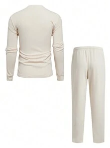 Manfinity Homme Men's Solid Color Front Zipper Long Sleeve Top And Pants Set - Apricot - View 4