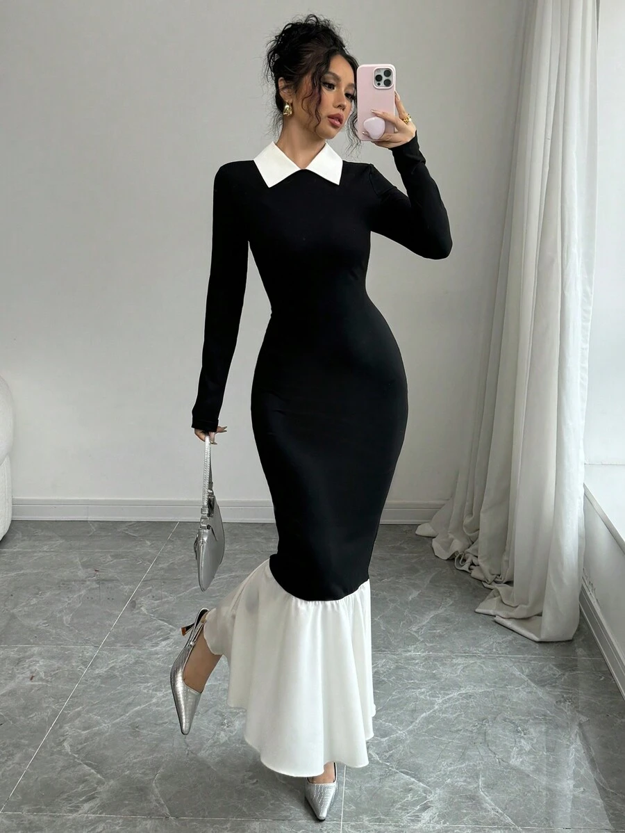 Selianne 女士纯色撞色领长袖修身连衣裙 - 黑與白 - 查看 1