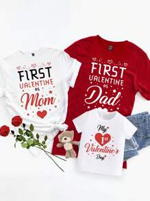 SHEIN 1 件男士休闲情人节口号图案圆领短袖 T 恤，新爸爸情人节礼物 - 酒紅色 - 查看 4