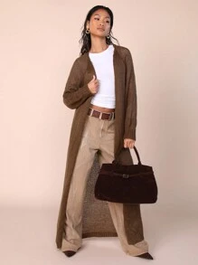 COSMINA 女士纯色休闲长袖长开衫，秋冬 - 棕色 - 查看 6